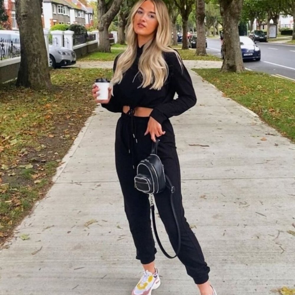 Black Cropped Hoodie & Jogger Lounge Set